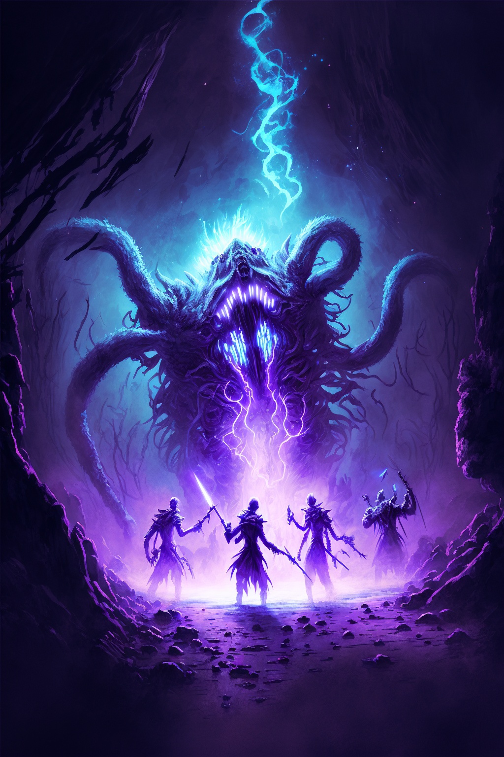 a group cosmic horror creatures escaping from the void, cinematic lighting, photorealistic, purple highlights --ar 2:3 --v 4