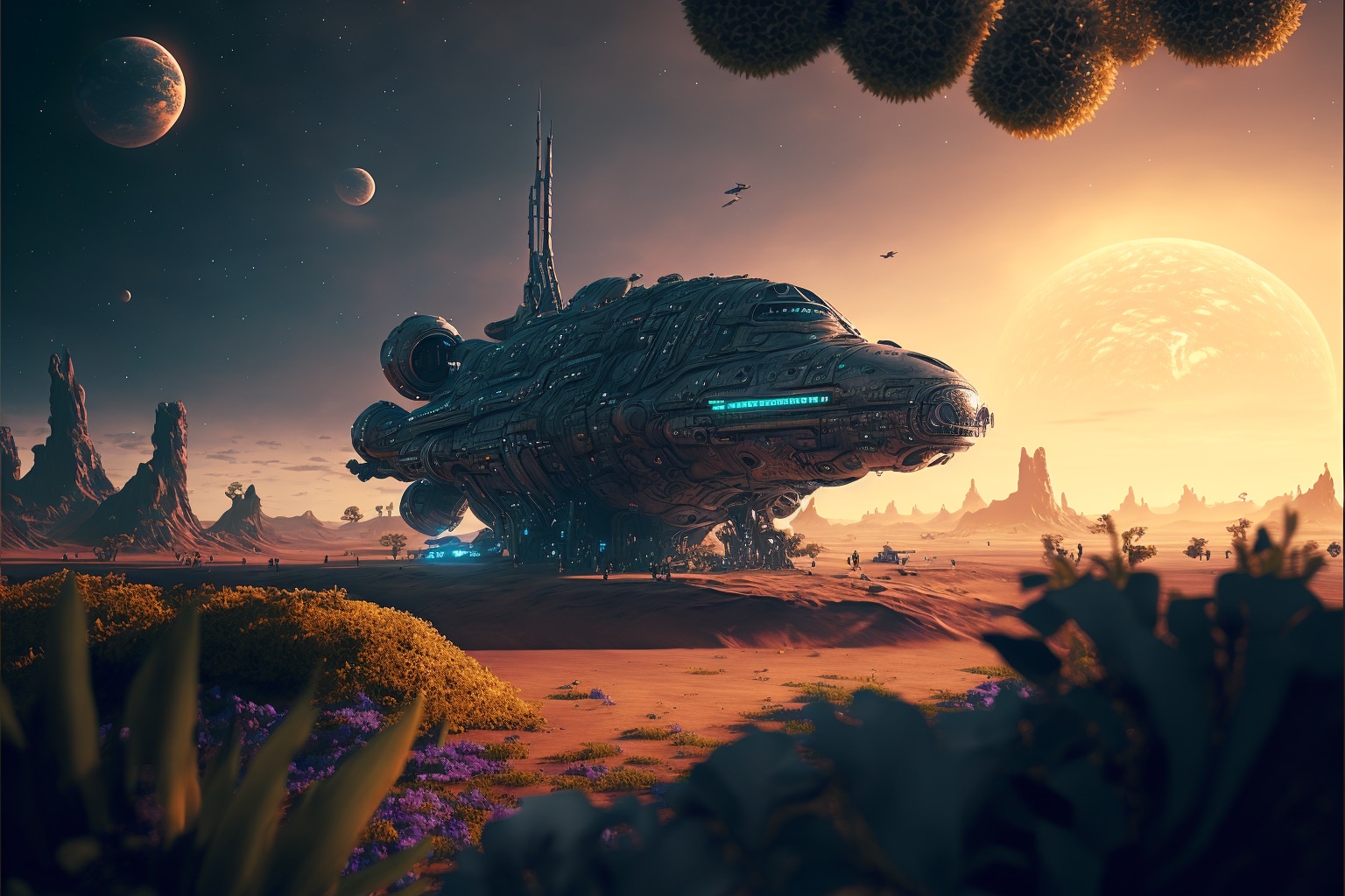 a spaceship arriving on a lush planet, intricate details, cinematic lighting, photorealistic --v 4 --ar 3:2