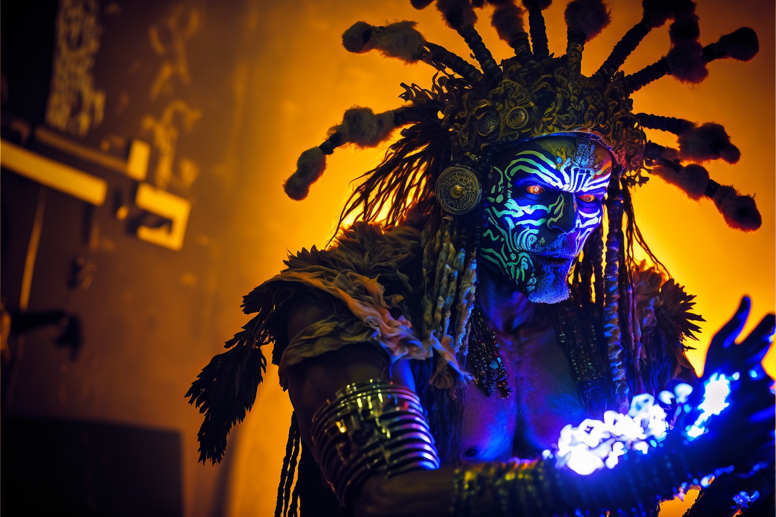 techno shaman at rave, dynamic lighting --ar 3:2 --v 4