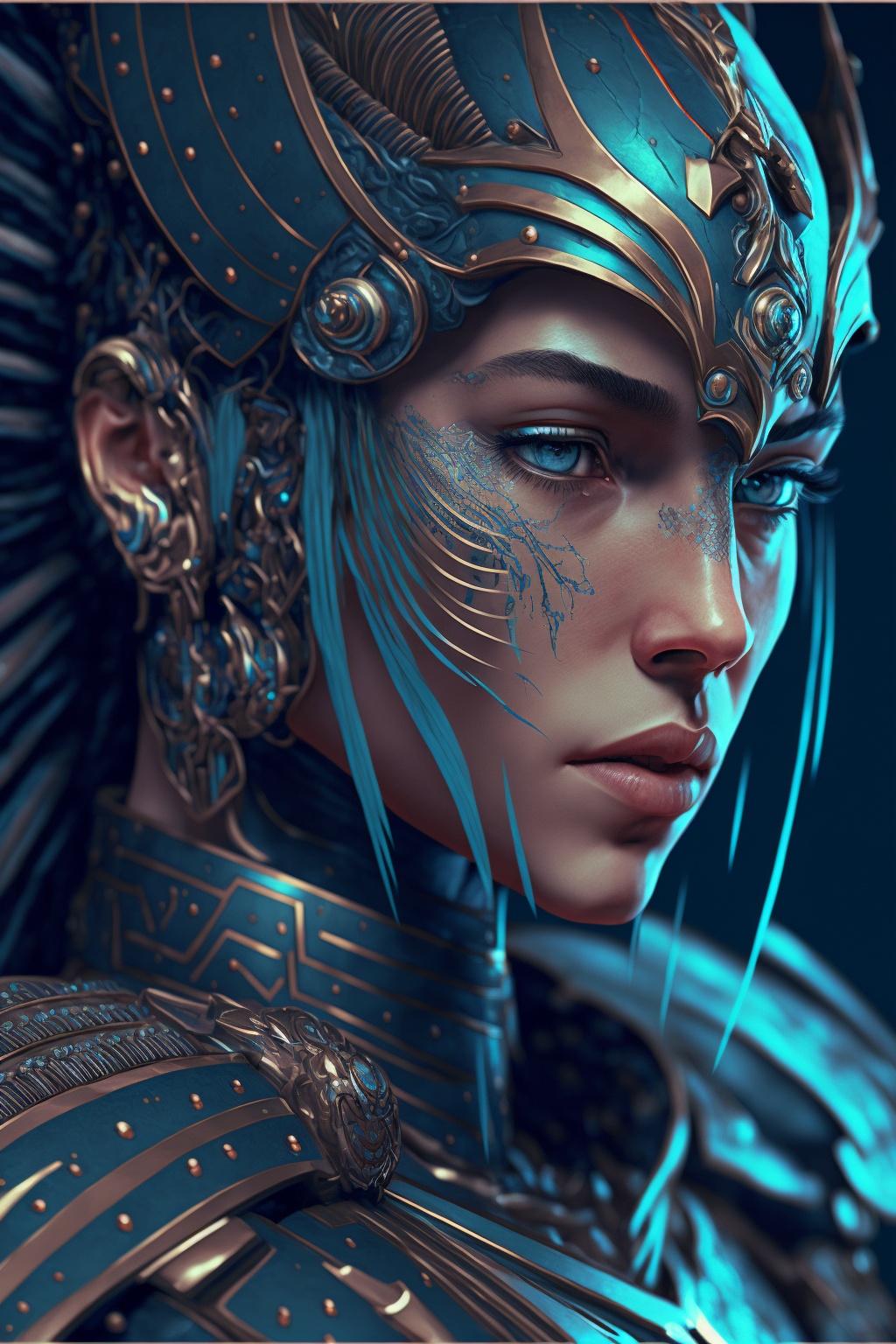 female futuristic centurion, intricate detail, blue highlights, cinematic --ar 2:3