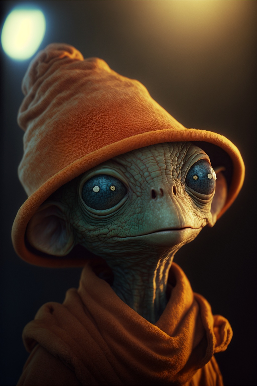 alien humanoid wearing a funny hat, cinematic lighting, photorealistic --ar 2:3 --v 4