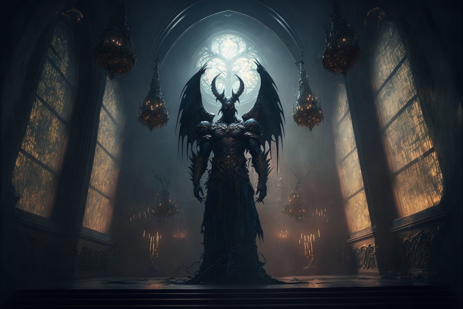 ominous creature in a large evil cathedral interior, wide, ancient, dark, volumetric lighting, cinematic --ar 3:2 --v 4