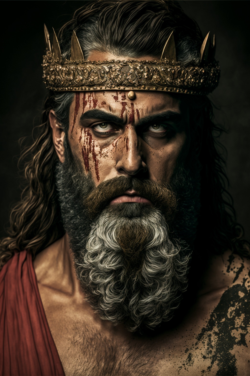 editorial photography, almighty zeus, long beard, fierce, small blood stains on ancient greek clothing --ar 2:3