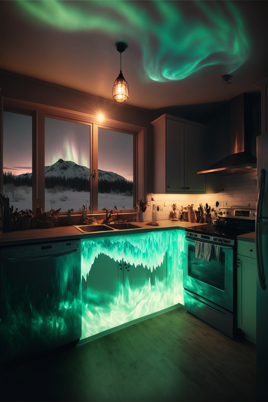 an aurora borealis localized entirely within a kitchen --ar 2:3 --v 4
