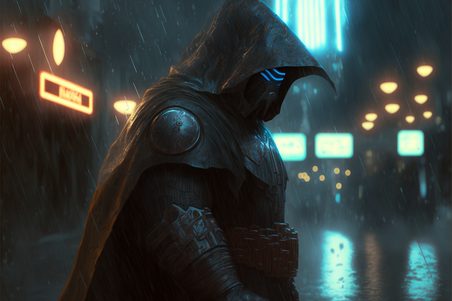 jedi knight, armor, in the rain, hyperdetailed, cinematic lighting --ar 3:2