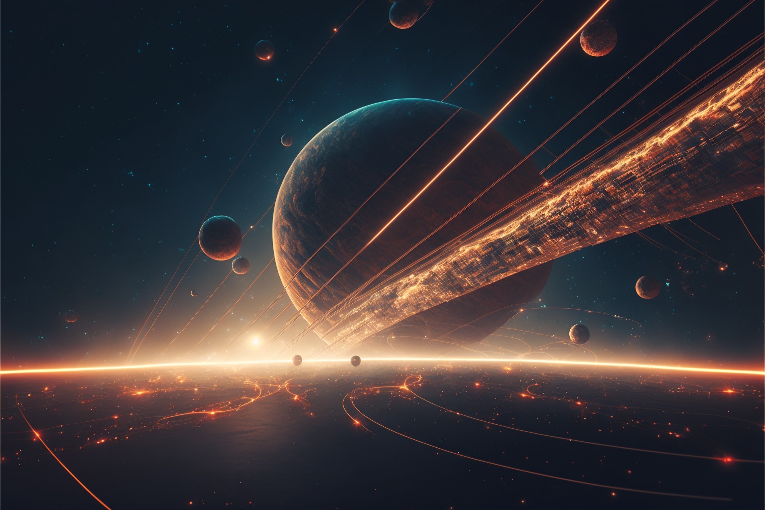 a large amount of planets connected by light trails, cinematic lighting, intricate details --ar 3:2
