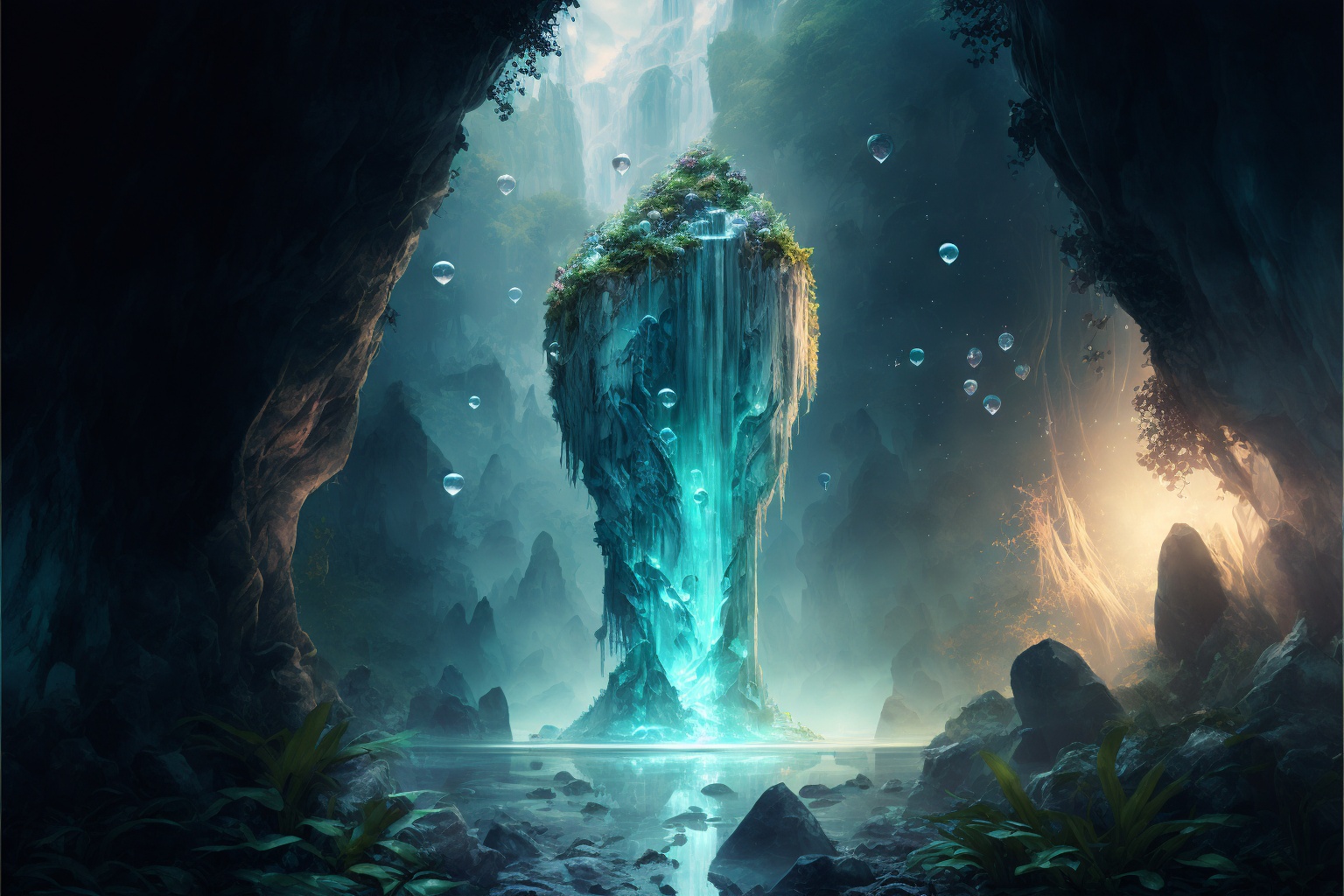 a crystal waterfall on a lush planet, cinematic lighting, intricate details --ar 3:2