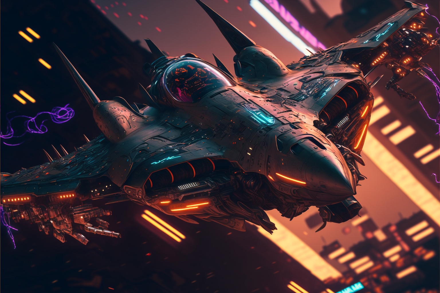 cyberpunk fighter jet with glowing neon lights, flying through city, intricate details, cinematic lighting, photorealistic --ar 3:2