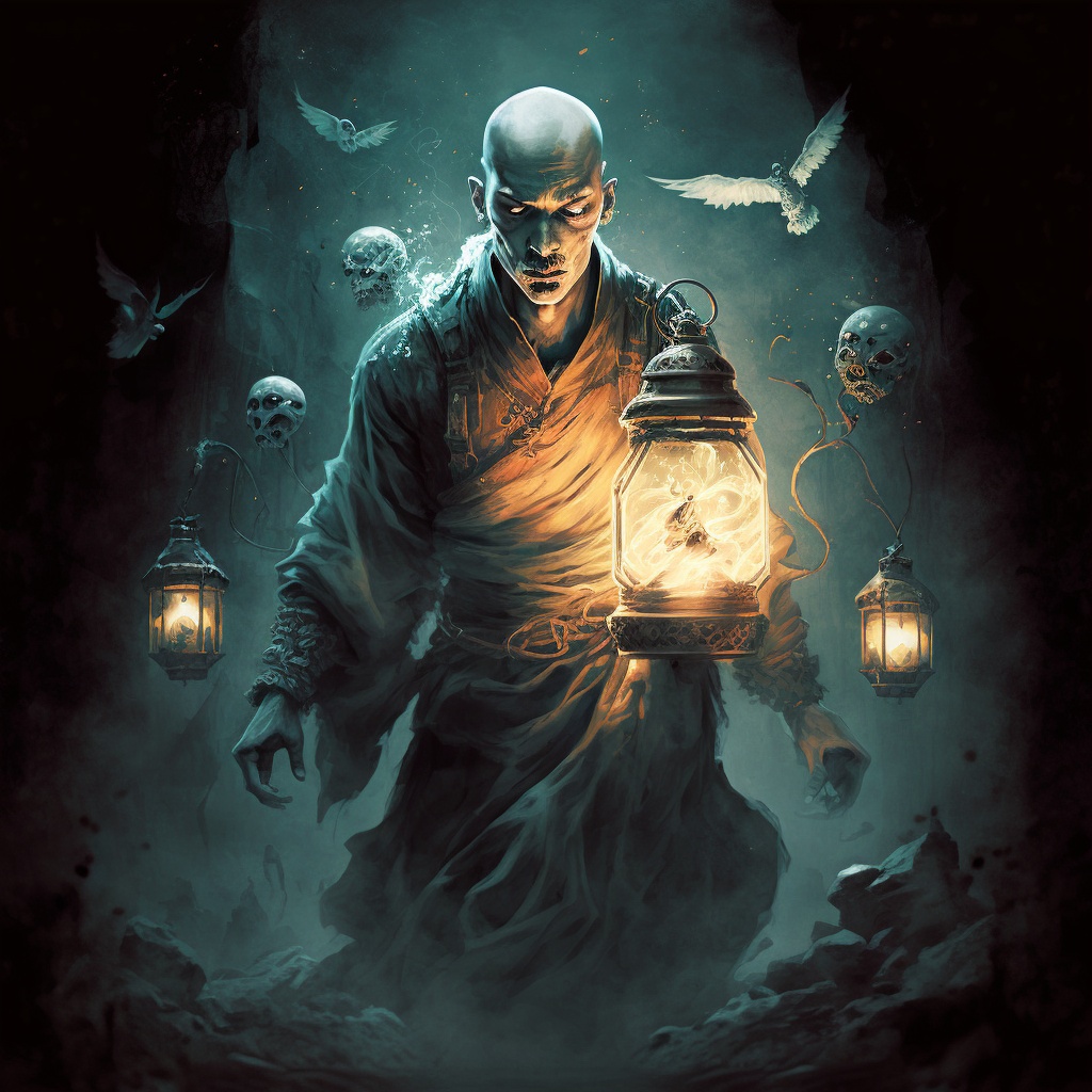 blind shaolin monk, holding a lantern, surrounded by ghosts --v 4