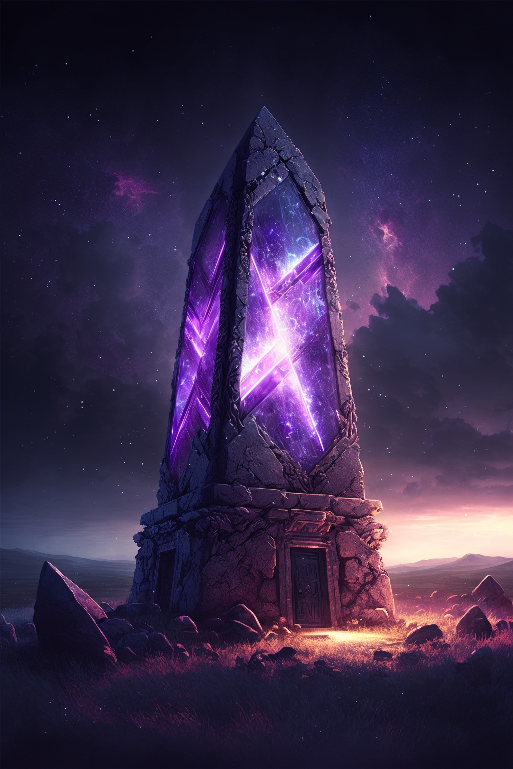 an obelisk of the void, glowing purple runes, cinematic lighting --ar 2:3
