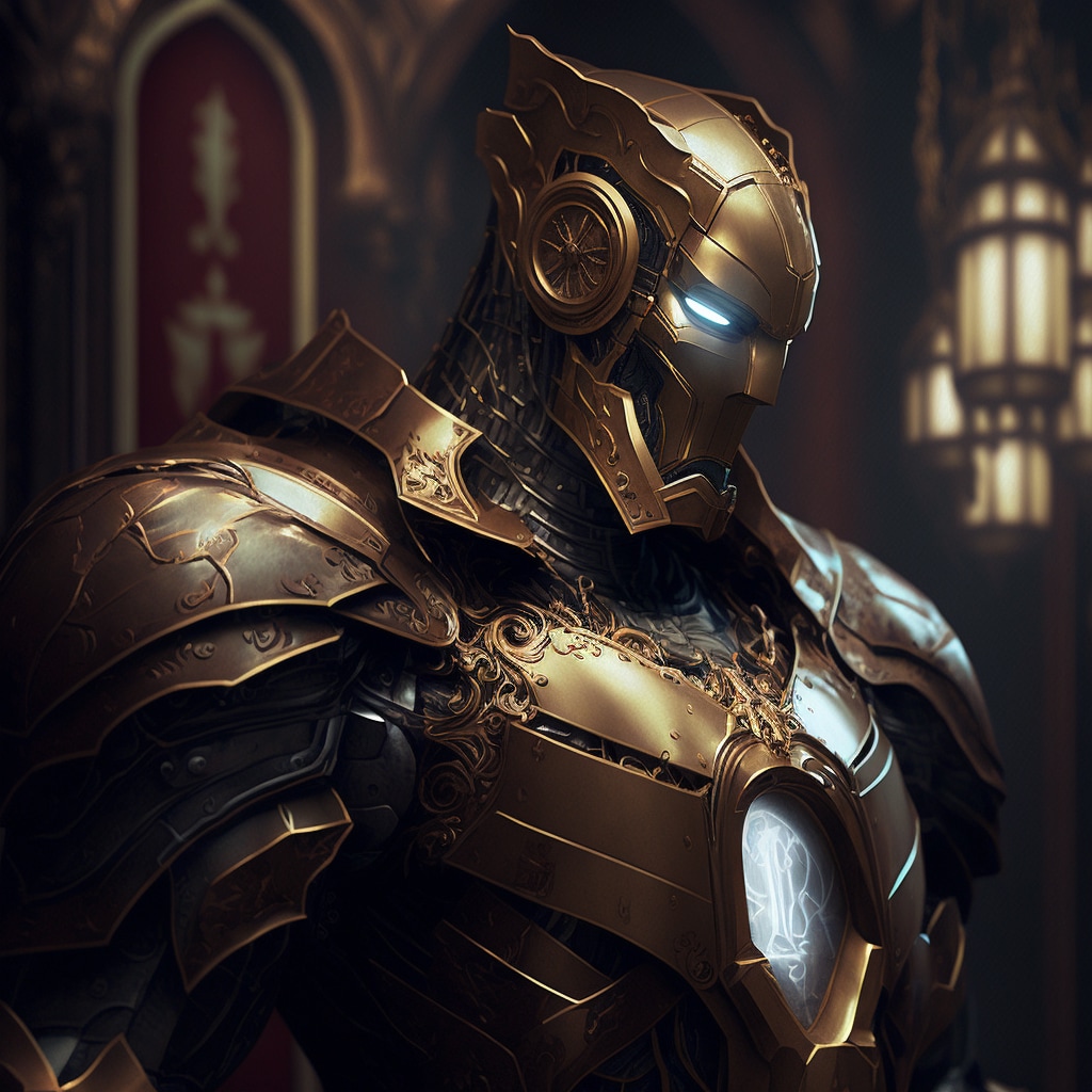 iron man, medieval, intricate detail, gold highlights, cinematic