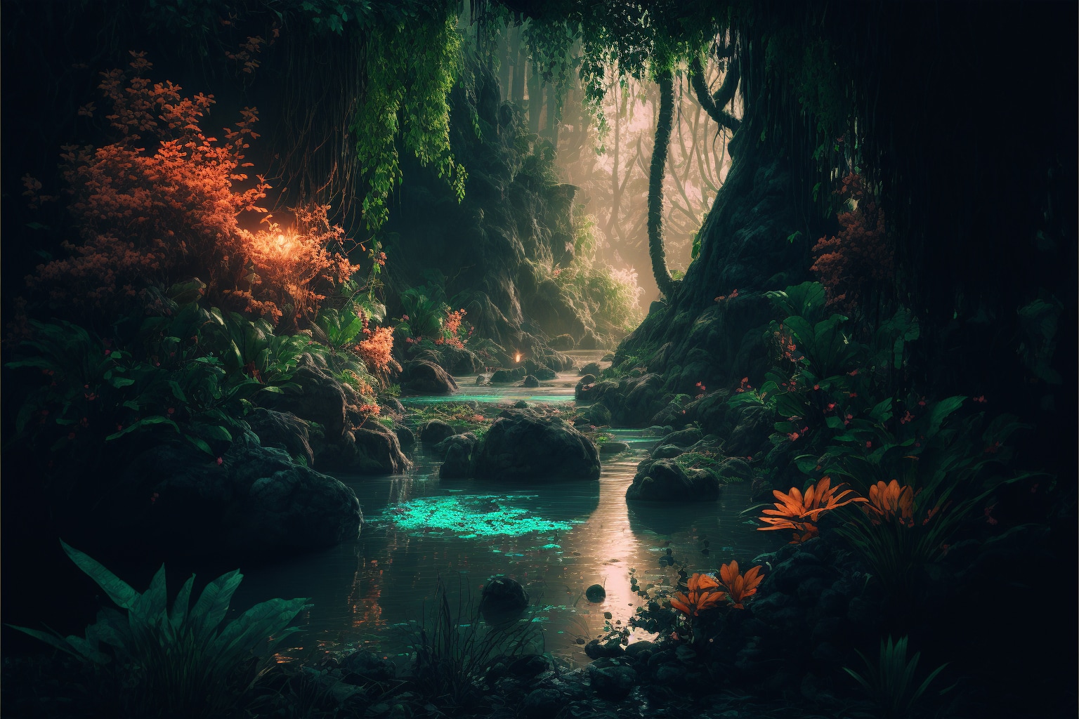 a lush forest with water, lava and rock, intricate details, cinematic lighting, photorealistic --v 4 --ar 3:2
