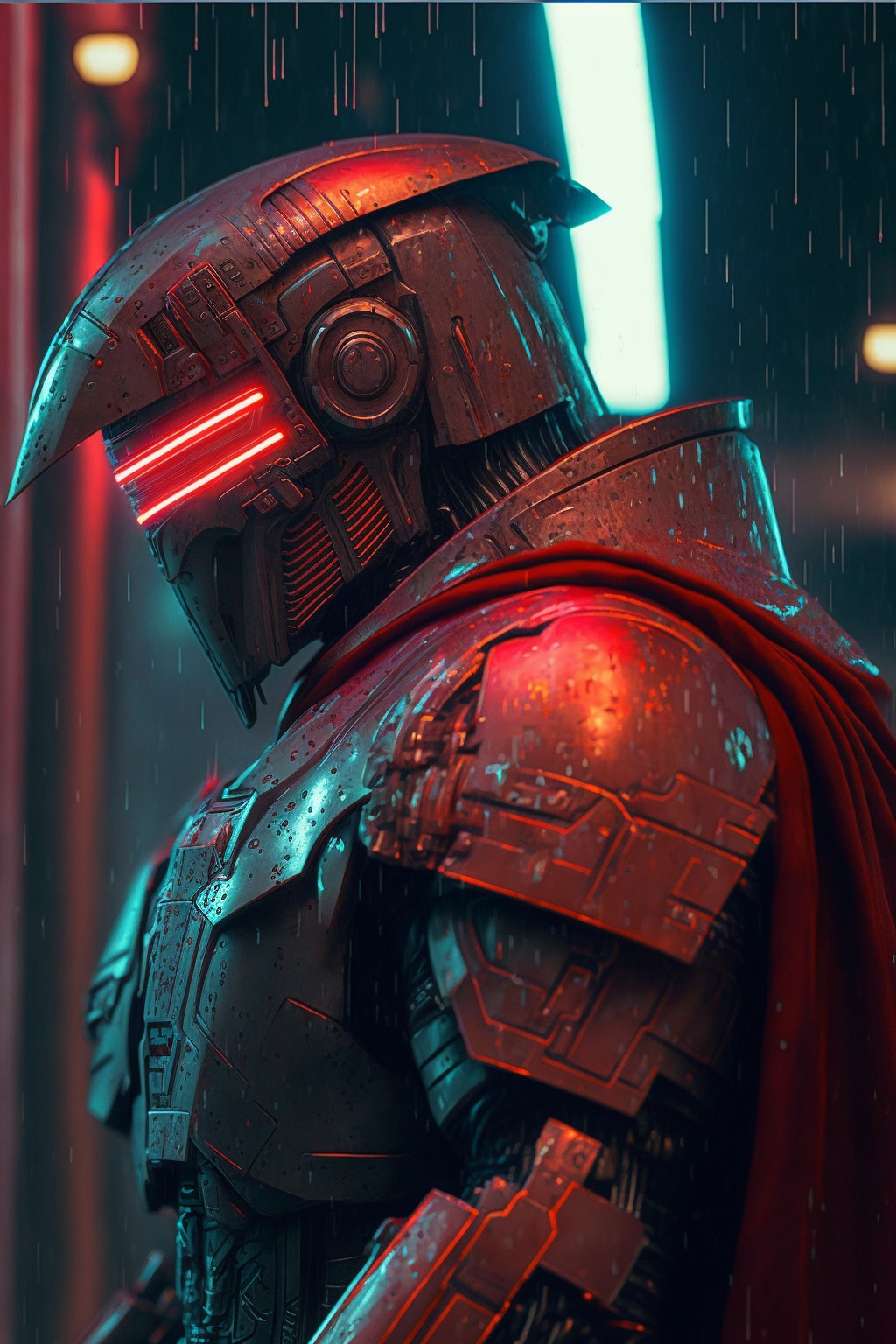 cyberpunk futuristic praetorian guard, intricate detail, red highlights, cinematic --ar 2:3 --v 4