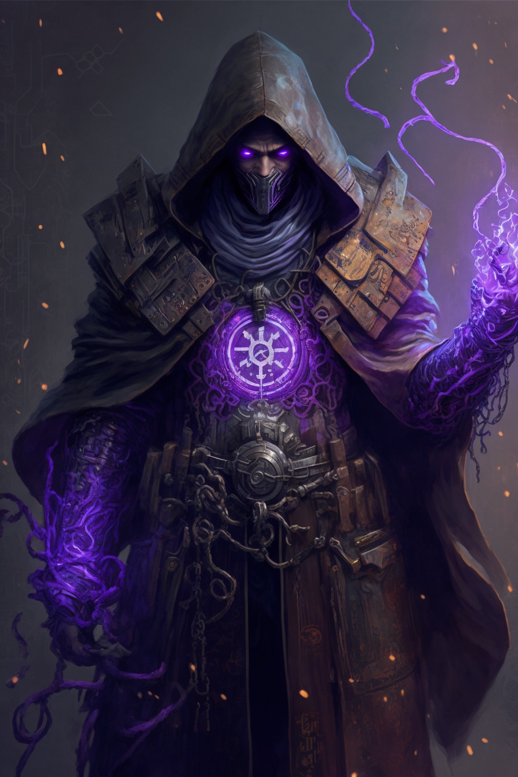 editorial photograph, withered void mechanist, old, tattered cloak, arcane glowing runes, circular arcane symbols in background, volumetric lighting, purple highlights --ar 2:3 --v 4
