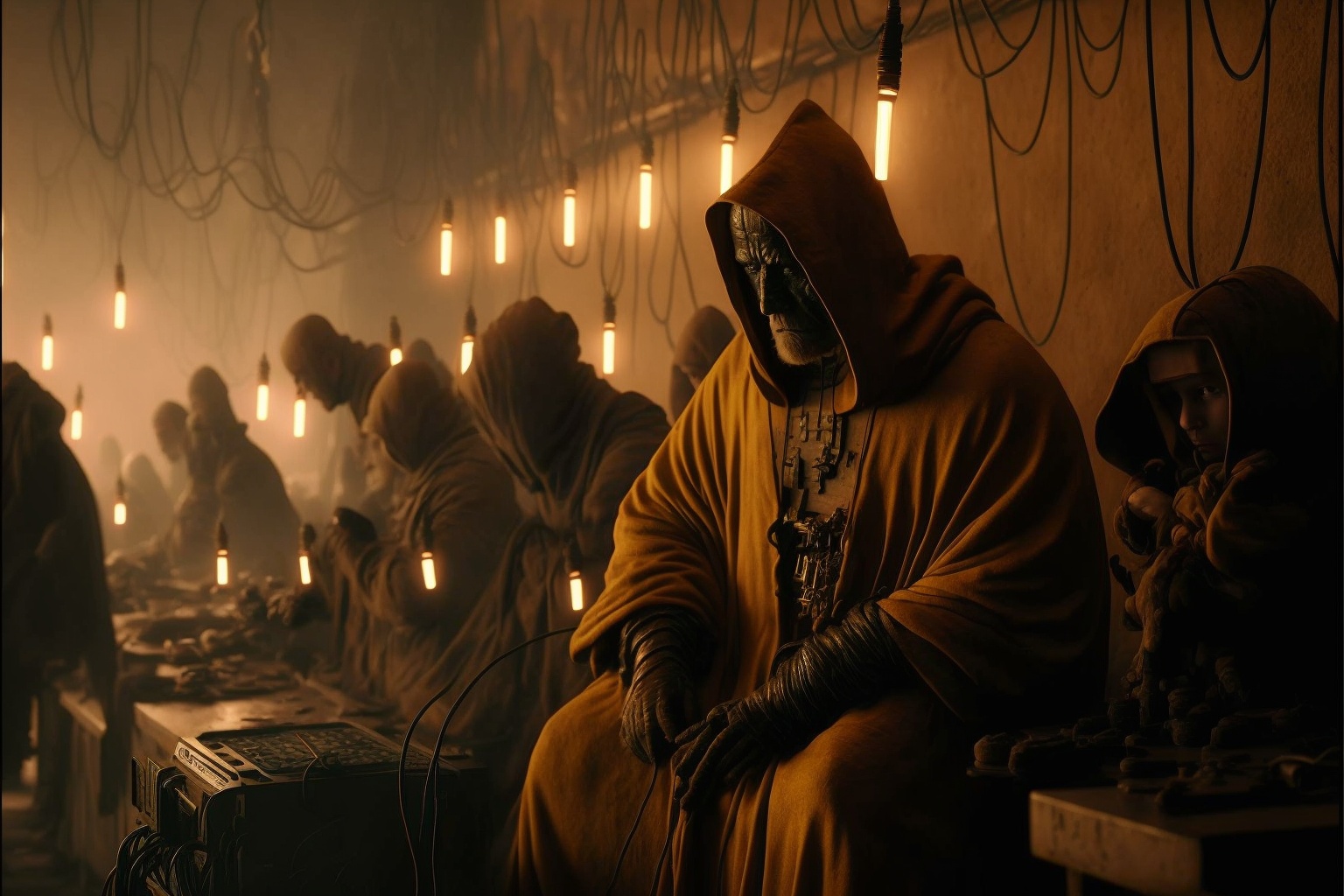 group of bladerunner monks plugged in to the metaverse, cables everywhere, cinematic lighting --ar 3:2 --v 4